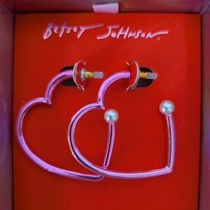 Betsey Johnson Metallic Pink Heart With Pearl Hoop Earrings